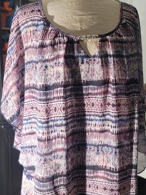 Sheer Boho Scoop-Neck Tunic Top — Pink Multi